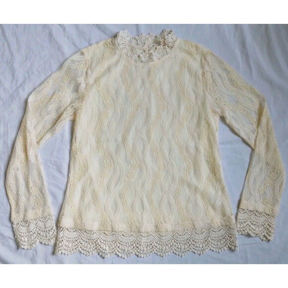 Mystree Tops - Mystree Ivory Long Sleeve Blouse Crochet Lace Floral Fairy Women’s Size S
